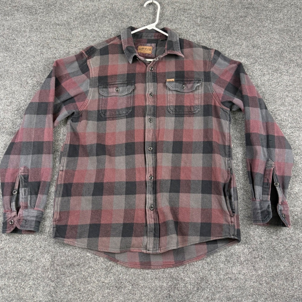 Orvis Mens Flannel Shirt Large Burgundy Grey Black Buffalo Plaid Button Shacket